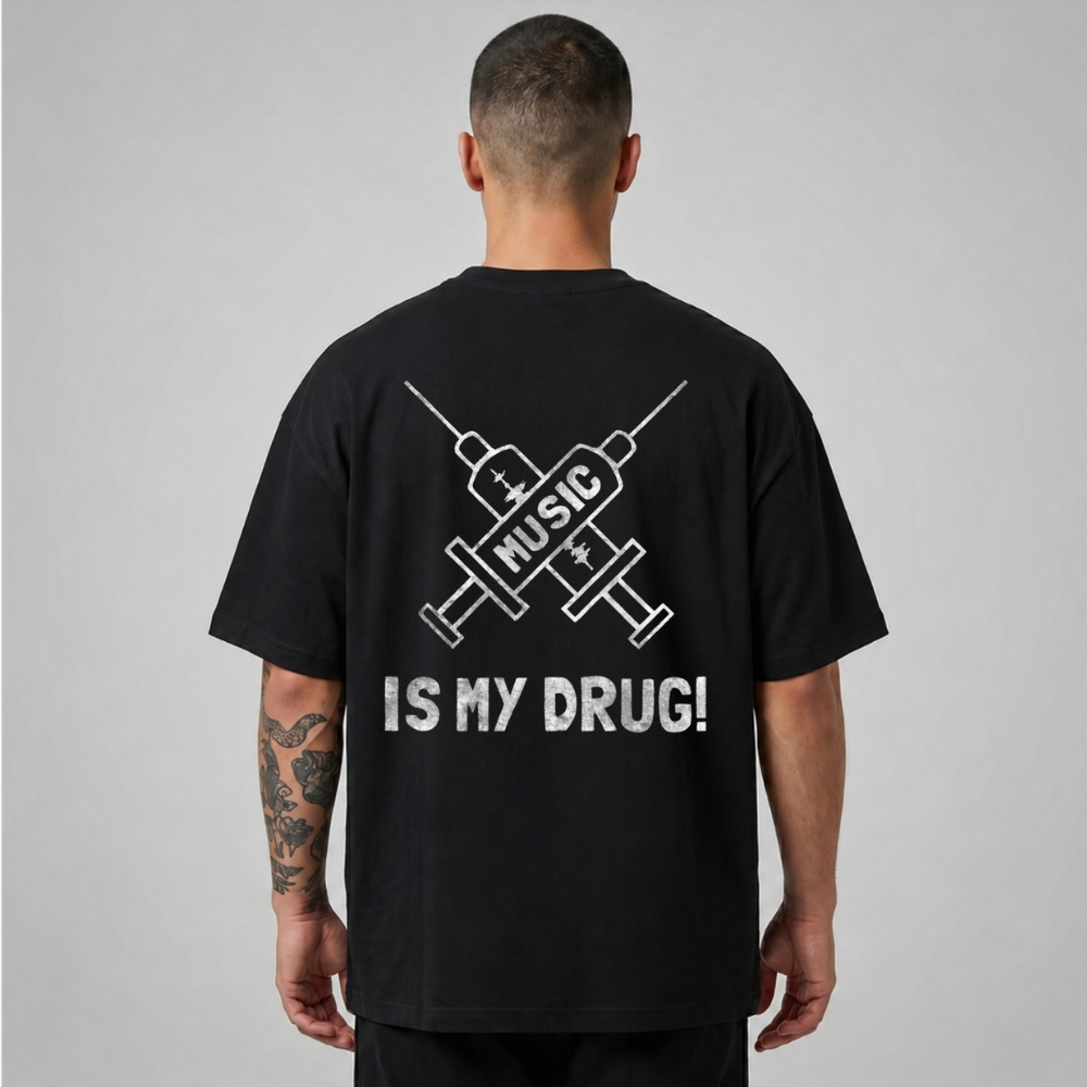 Oversize Premium T-Shirt Music Is My Drug - Siyah